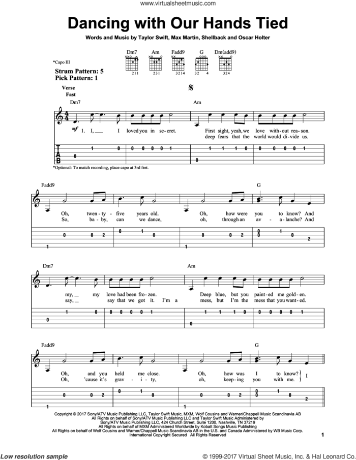 Dancing With Our Hands Tied sheet music for guitar solo (easy tablature) by Taylor Swift, Max Martin, Oscar Holter and Shellback, easy guitar (easy tablature)