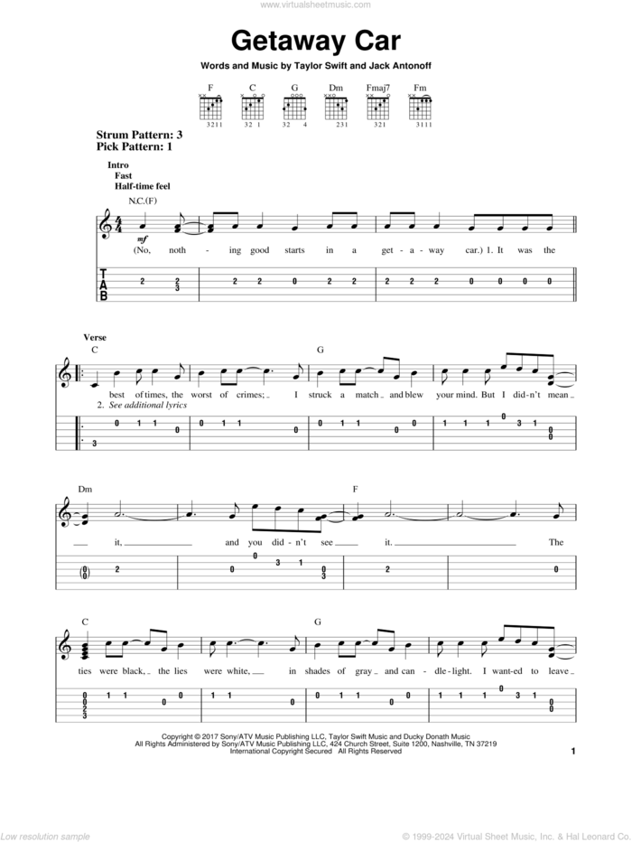 Getaway Car sheet music for guitar solo (easy tablature) by Taylor Swift and Jack Antonoff, easy guitar (easy tablature)