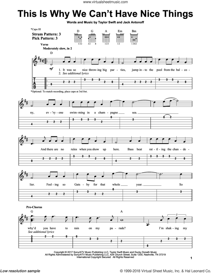 This Is Why We Can't Have Nice Things sheet music for guitar solo (easy tablature) by Taylor Swift and Jack Antonoff, easy guitar (easy tablature)