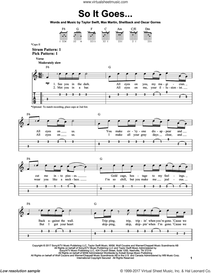 So It Goes... sheet music for guitar solo (easy tablature) by Taylor Swift, Max Martin, Oscar Gorres and Shellback, easy guitar (easy tablature)