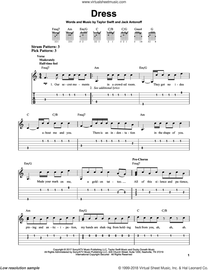 Dress sheet music for guitar solo (easy tablature) by Taylor Swift and Jack Antonoff, easy guitar (easy tablature)