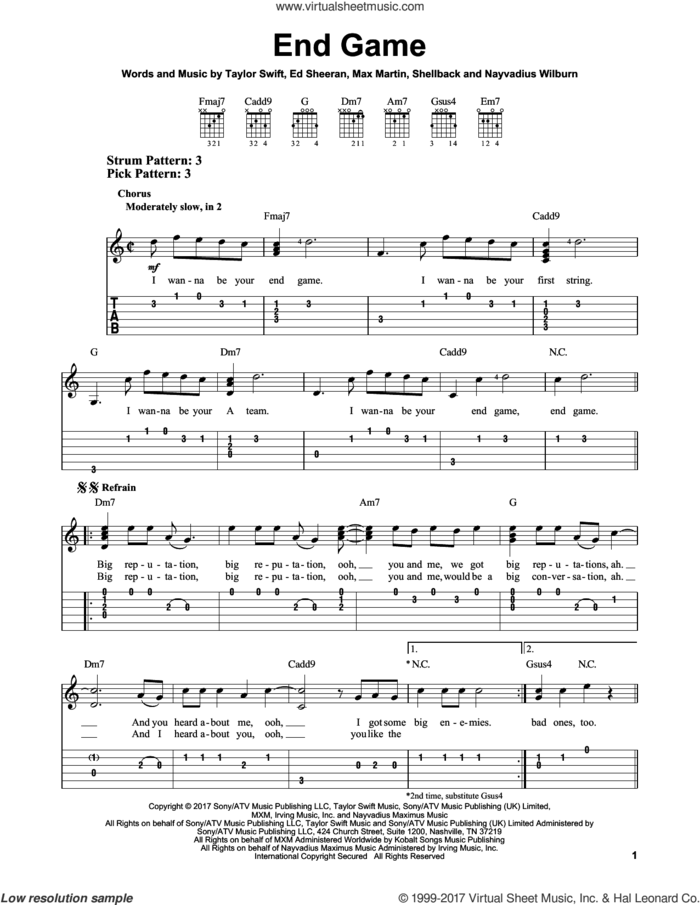 End Game sheet music for guitar solo (easy tablature) by Taylor Swift feat. Ed Sheeran and Future, Ed Sheeran, Max Martin, Nayvadius Wilburn, Shellback and Taylor Swift, easy guitar (easy tablature)