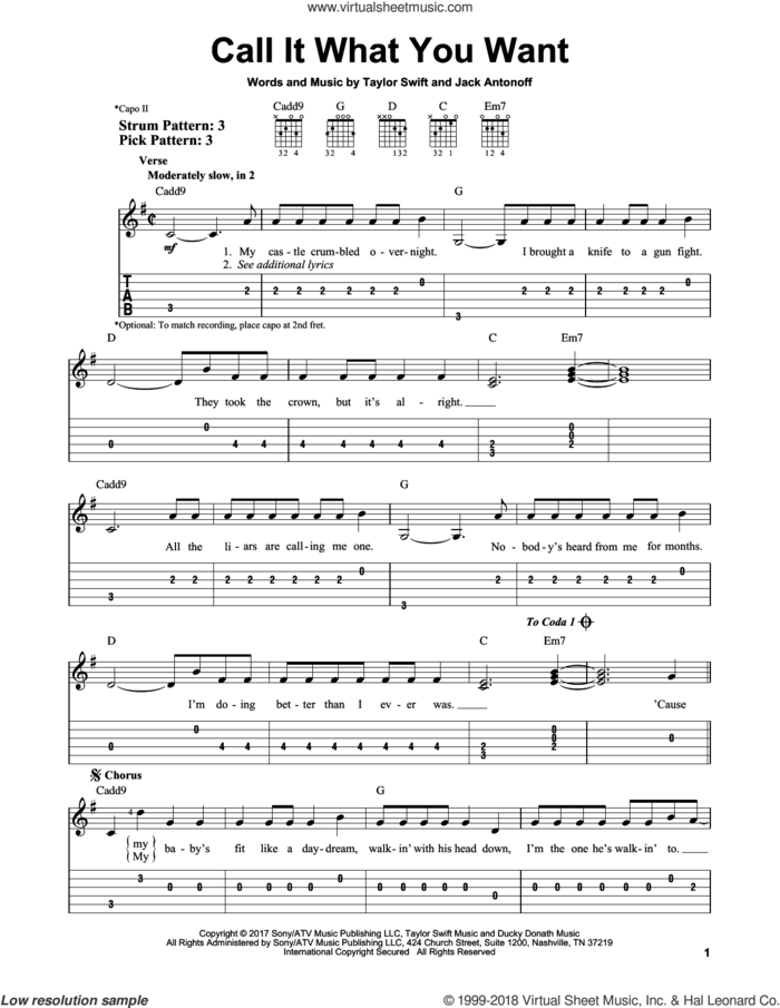 Call It What You Want sheet music for guitar solo (easy tablature) by Taylor Swift and Jack Antonoff, easy guitar (easy tablature)