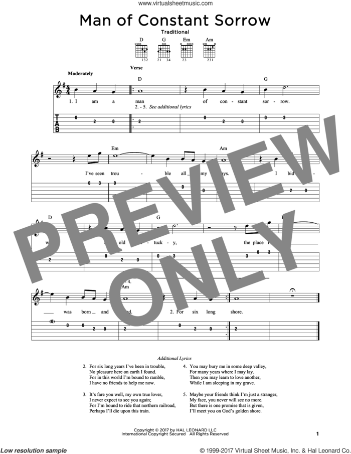 Man Of Constant Sorrow sheet music for guitar solo, intermediate skill level
