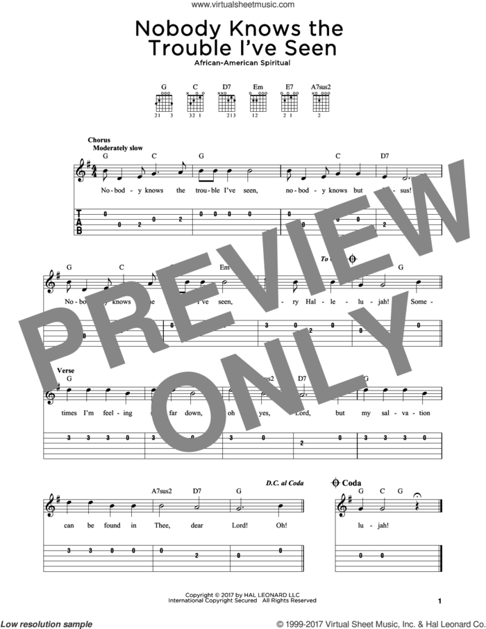 Nobody Knows The Trouble I've Seen sheet music for guitar solo, intermediate skill level