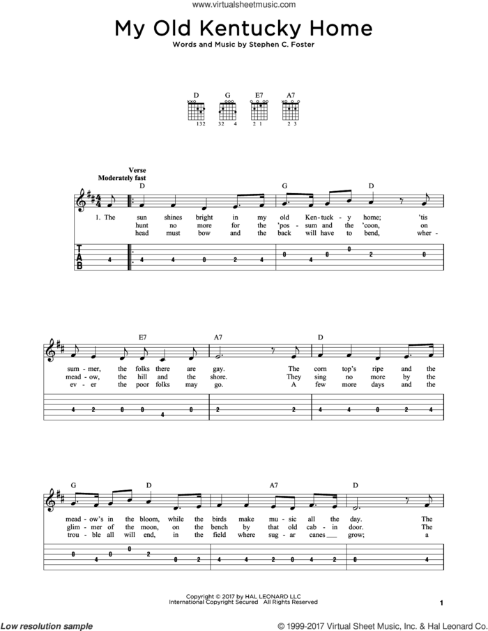 My Old Kentucky Home sheet music for guitar solo by Stephen Foster, intermediate skill level