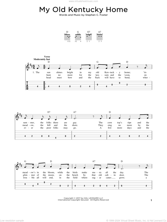 My Old Kentucky Home sheet music for guitar solo by Stephen Foster, intermediate skill level