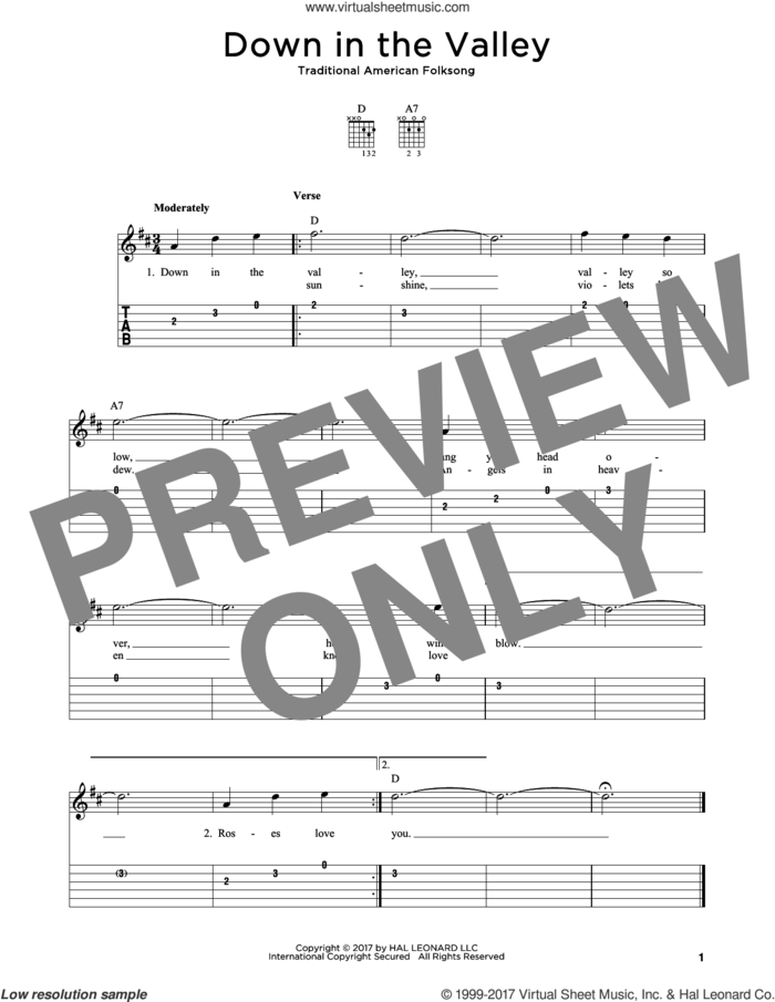 Down In The Valley sheet music for guitar solo, intermediate skill level