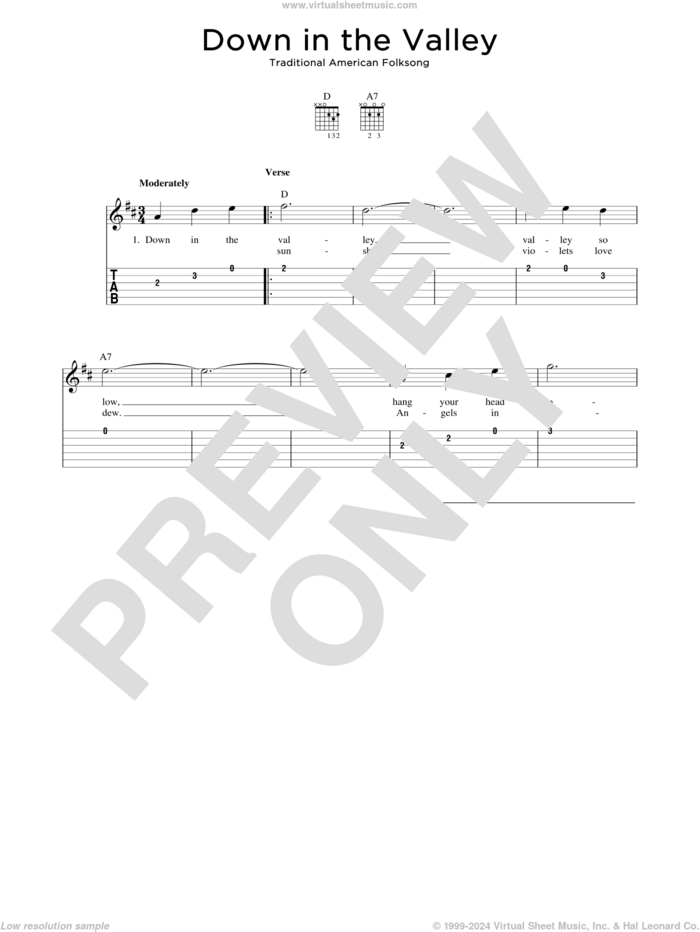 Down In The Valley sheet music for guitar solo, intermediate skill level