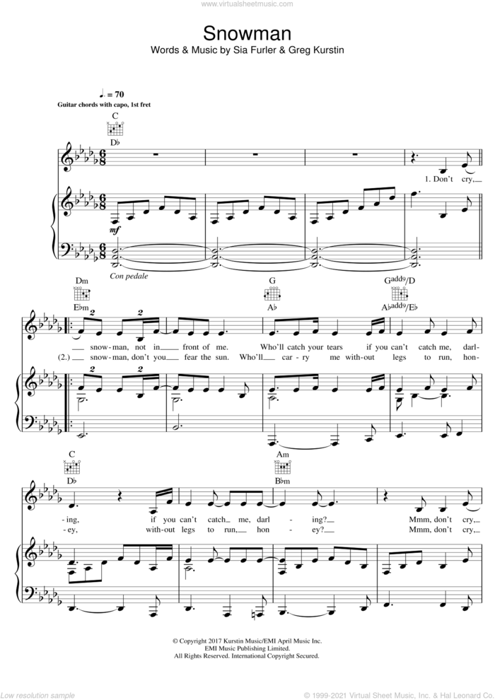 Snowman sheet music for voice, piano or guitar by Sia, Greg Kurstin and Sia Furler, intermediate skill level