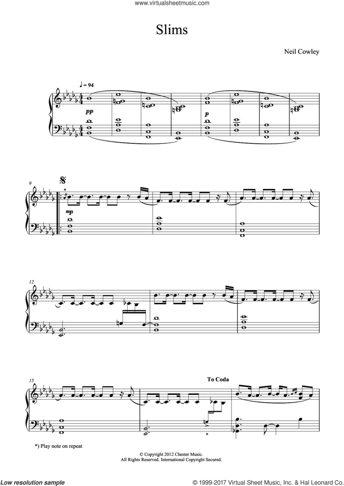 Slims sheet music for piano solo by Neil Cowley, intermediate skill level
