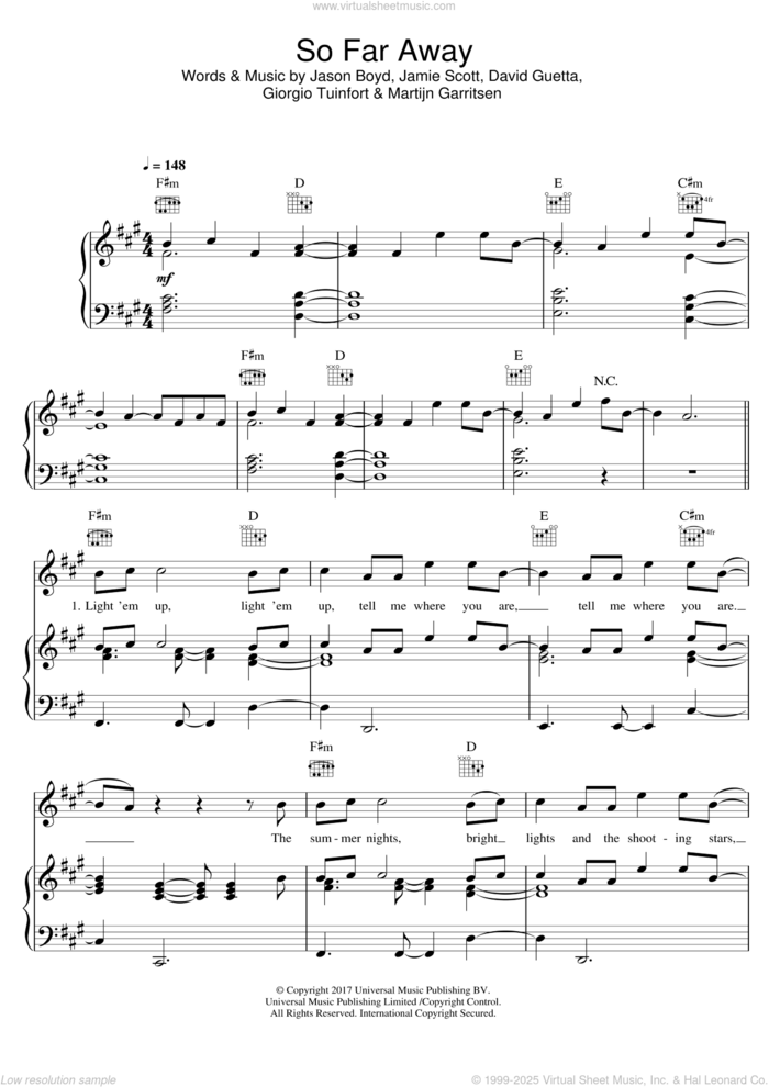 So Far Away (featuring Jamie Scott and Romy Dya) sheet music for voice, piano or guitar by David Guetta, Martin Garrix, Romy Dya, Giorgio Tuinfort, Jamie Scott, Jason Boyd and Martijn Garritsen, intermediate skill level