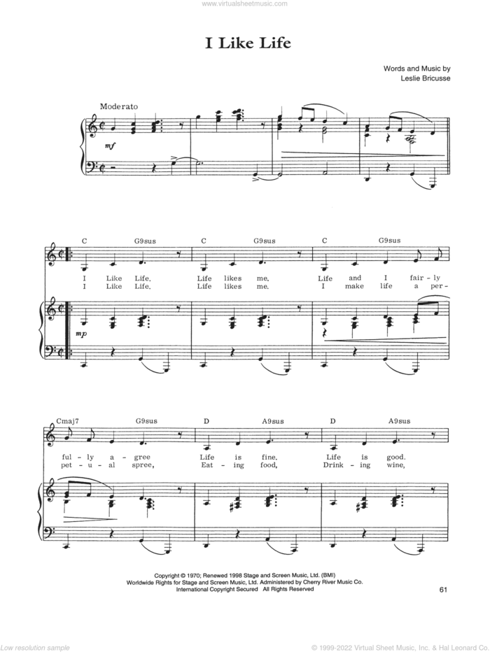I Like Life sheet music for voice, piano or guitar by Leslie Bricusse, intermediate skill level