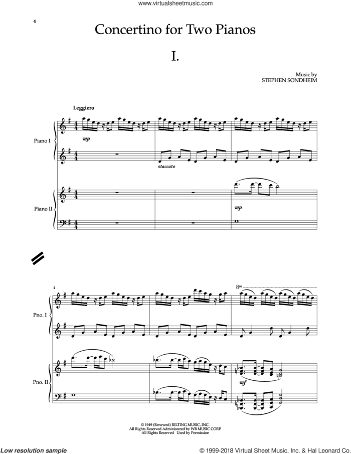 Concertino For Two Pianos sheet music for piano four hands by Stephen Sondheim, classical score, intermediate skill level