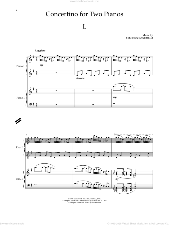 Concertino For Two Pianos sheet music for piano four hands by Stephen Sondheim, classical score, intermediate skill level