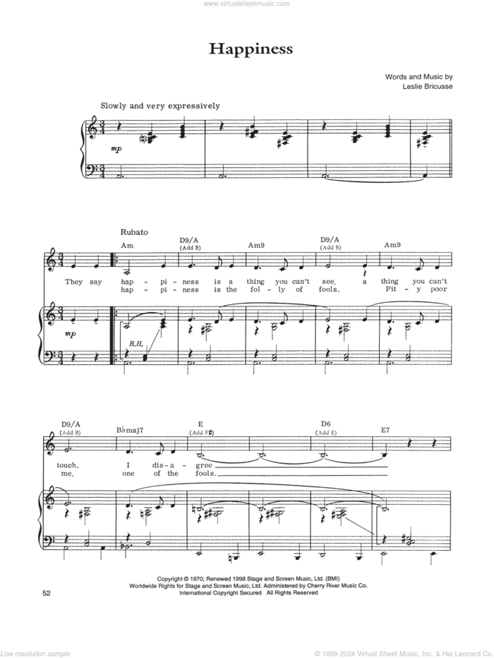 Happiness sheet music for voice, piano or guitar by Leslie Bricusse, intermediate skill level