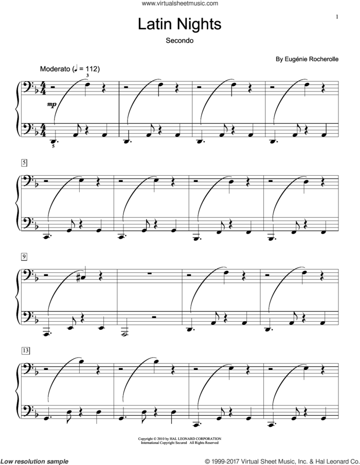 Latin Nights sheet music for piano four hands by Eugenie Rocherolle, intermediate skill level