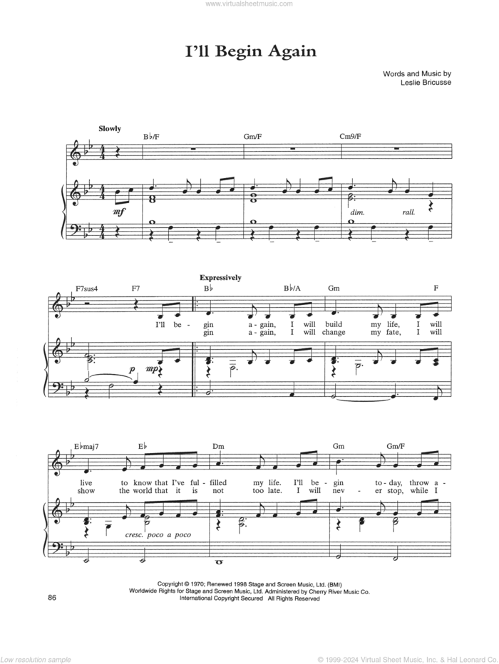 I'll Begin Again sheet music for voice, piano or guitar by Leslie Bricusse, intermediate skill level