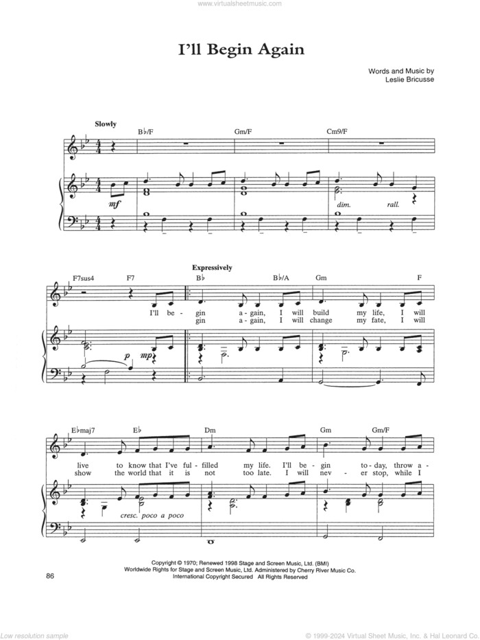 I'll Begin Again sheet music for voice, piano or guitar by Leslie Bricusse, intermediate skill level