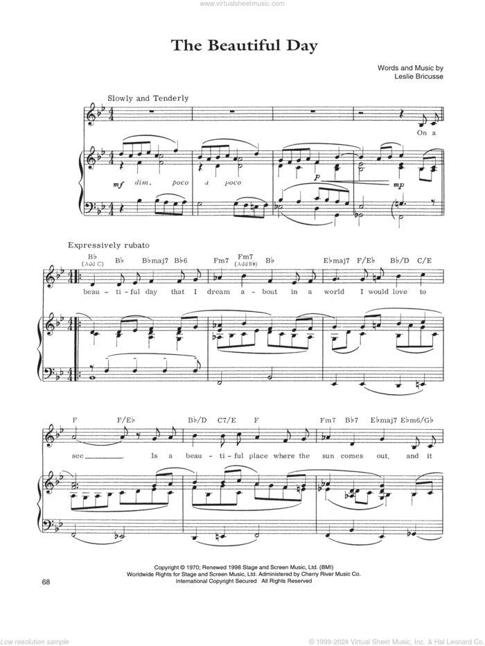 The Beautiful Day sheet music for voice, piano or guitar by Leslie Bricusse, intermediate skill level