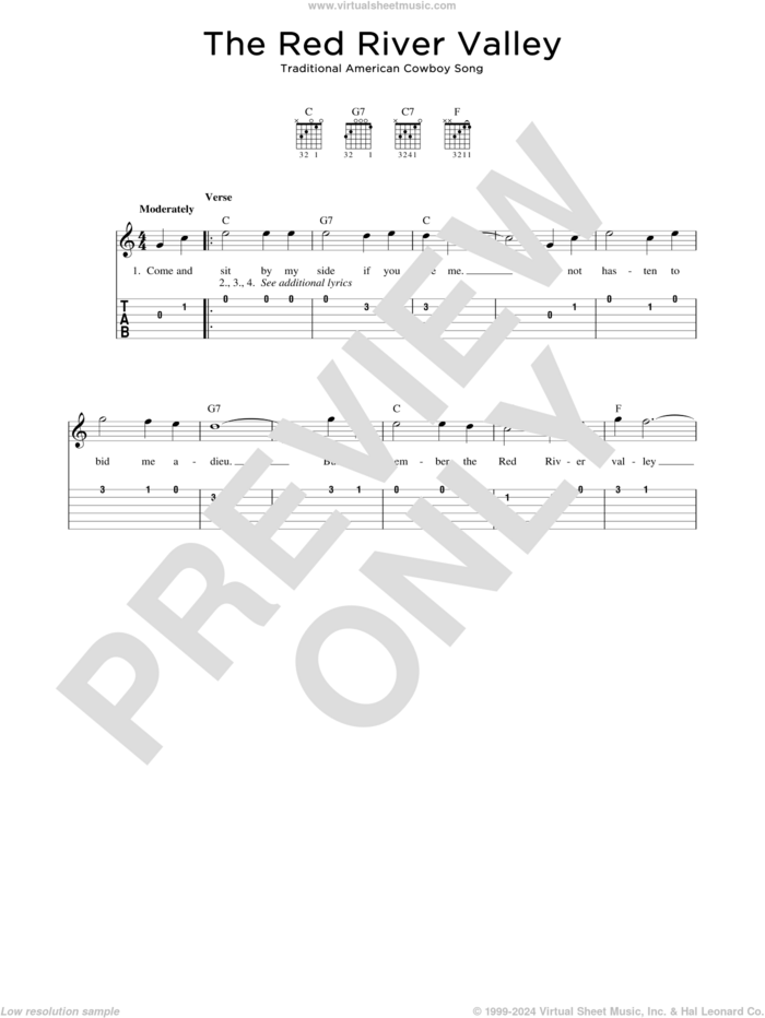 The Red River Valley sheet music for guitar solo (easy tablature) by Traditional American Cowboy So and Miscellaneous, easy guitar (easy tablature)