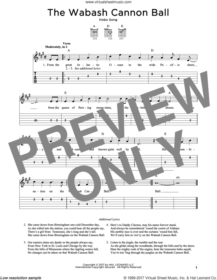 The Wabash Cannon Ball sheet music for guitar solo by Hobo Song, intermediate skill level