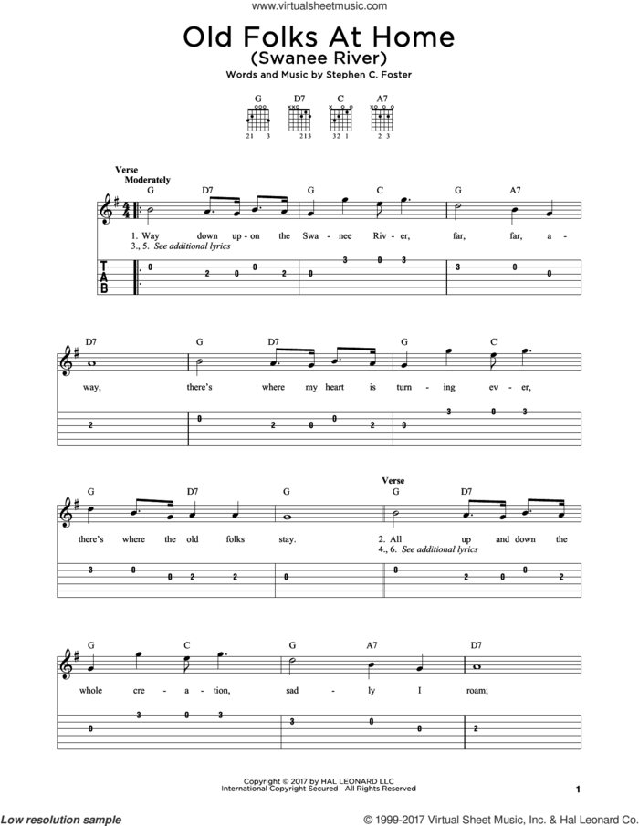 Old Folks At Home (Swanee River) sheet music for guitar solo by Stephen Foster, intermediate skill level