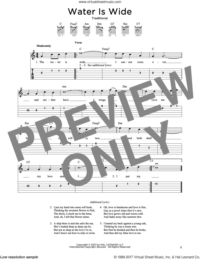 Water Is Wide sheet music for guitar solo, intermediate skill level
