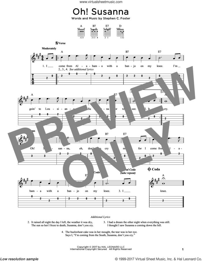 Oh! Susanna sheet music for guitar solo by Stephen Foster, intermediate skill level