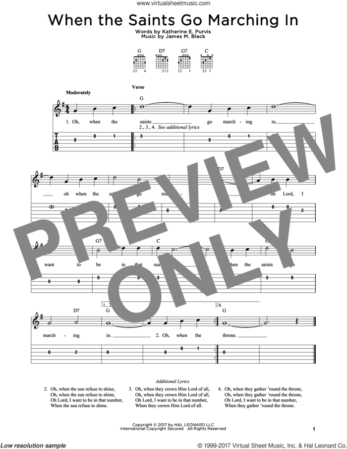 When The Saints Go Marching In sheet music for guitar solo by James M. Black and Katherine E. Purvis, intermediate skill level