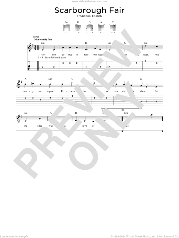 Scarborough Fair sheet music for guitar solo (easy tablature), easy guitar (easy tablature)