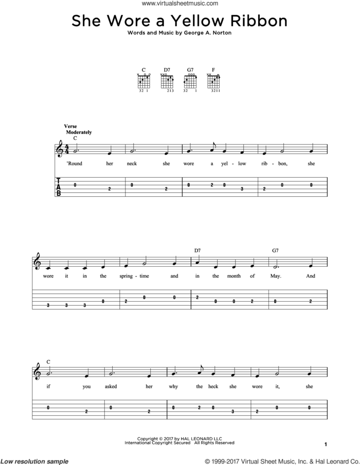She Wore A Yellow Ribbon sheet music for guitar solo by George A. Norton, intermediate skill level