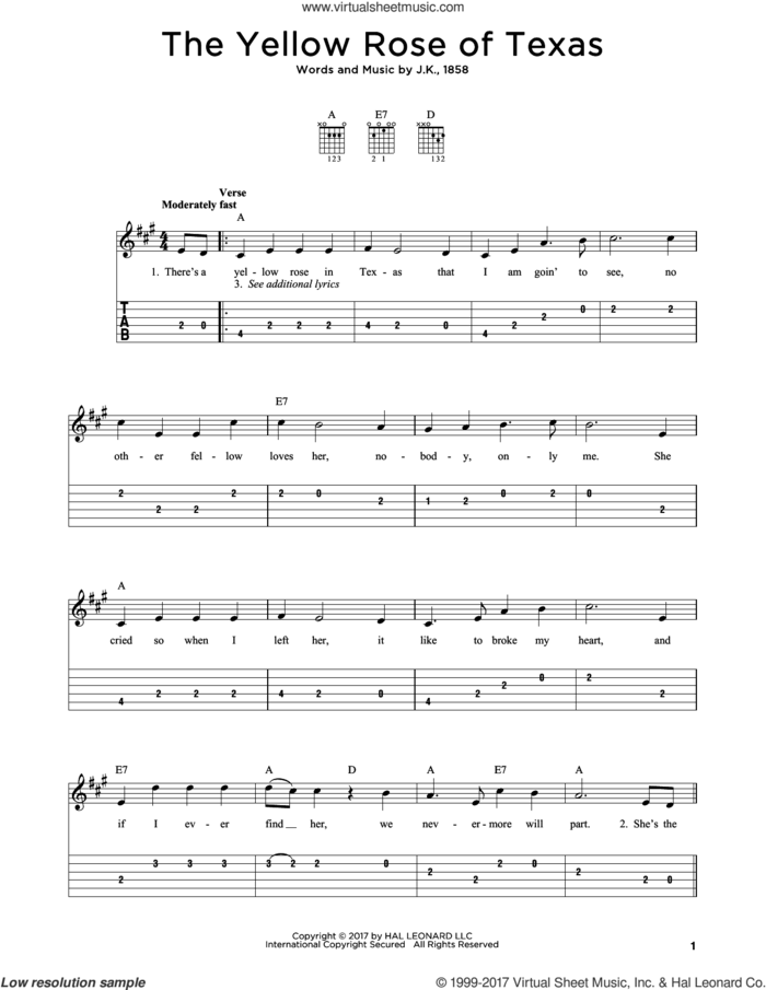 The Yellow Rose Of Texas sheet music for guitar solo by J.K., 1858, intermediate skill level