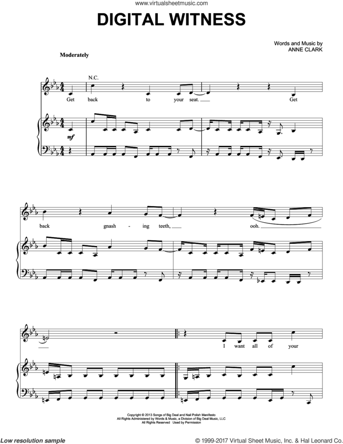 Digital Witness sheet music for voice, piano or guitar by St. Vincent and Anne Clark, intermediate skill level