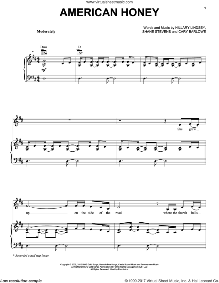 American Honey sheet music for voice, piano or guitar by Lady Antebellum, Lady A, Cary Barlowe, Hillary Lindsey and Shane Stevens, intermediate skill level
