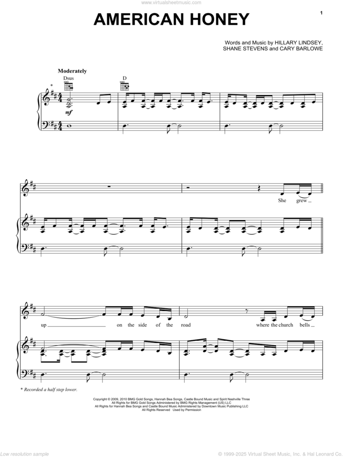 American Honey sheet music for voice, piano or guitar by Lady Antebellum, Lady A, Cary Barlowe, Hillary Lindsey and Shane Stevens, intermediate skill level