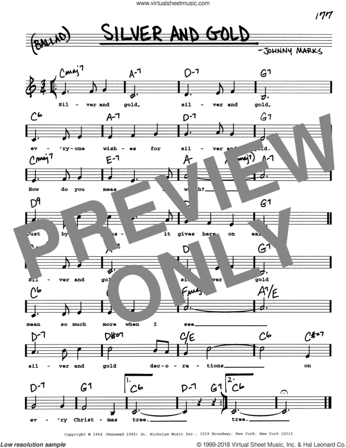 Silver And Gold sheet music for voice and other instruments (real book with lyrics) by Johnny Marks, intermediate skill level
