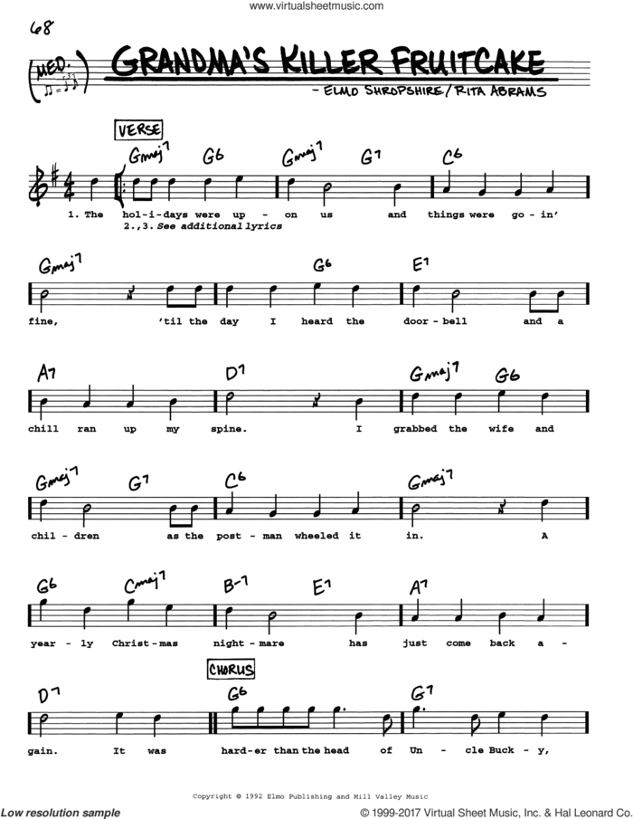 Grandma's Killer Fruitcake sheet music for voice and other instruments (real book with lyrics) by Elmo Shropshire and Rita Abrams, intermediate skill level
