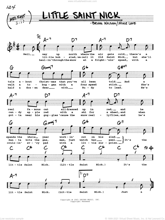 Little Saint Nick sheet music for voice and other instruments (real book with lyrics) by The Beach Boys, Brian Wilson and Mike Love, intermediate skill level