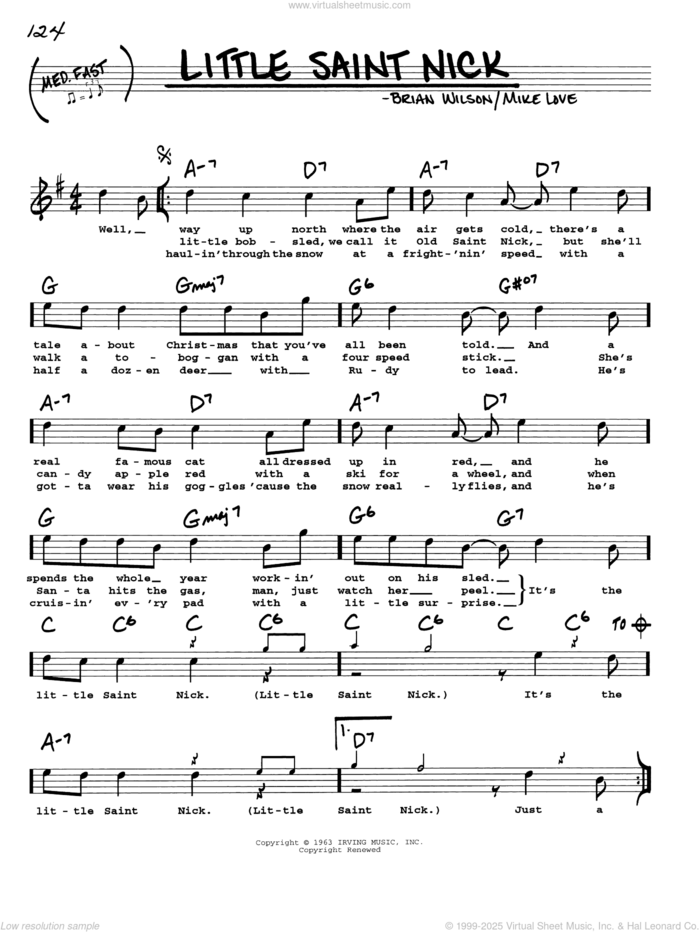 Little Saint Nick sheet music for voice and other instruments (real book with lyrics) by The Beach Boys, Brian Wilson and Mike Love, intermediate skill level