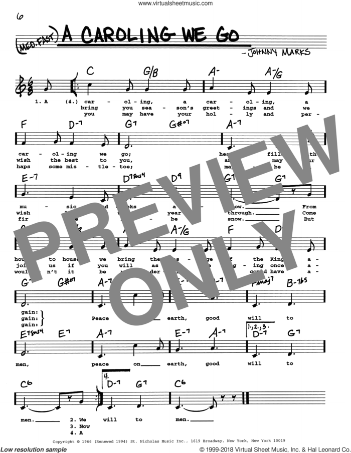 A Caroling We Go sheet music for voice and other instruments (real book with lyrics) by Johnny Marks, intermediate skill level