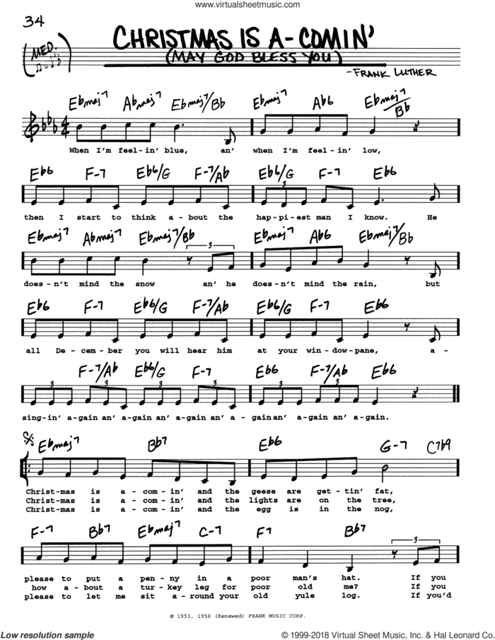 Christmas Is A-Comin' (May God Bless You) sheet music for voice and other instruments (real book with lyrics) by Frank Luther, intermediate skill level