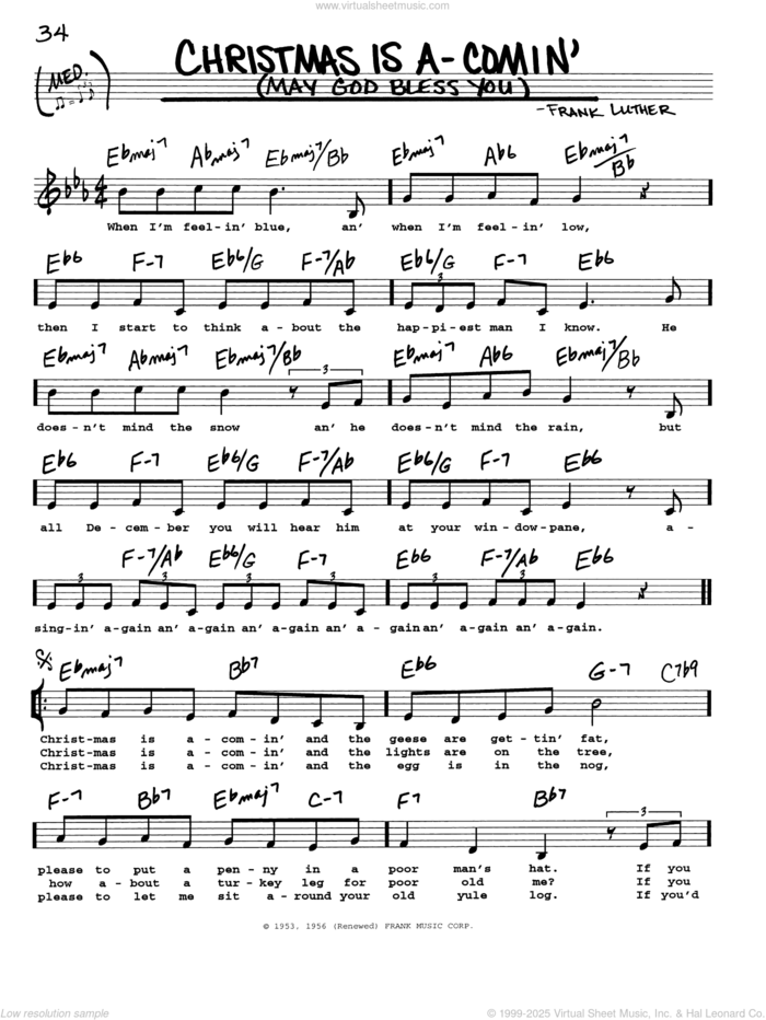 Christmas Is A-Comin' (May God Bless You) sheet music for voice and other instruments (real book with lyrics) by Frank Luther, intermediate skill level