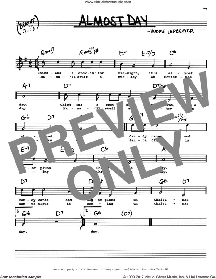 Almost Day sheet music for voice and other instruments (real book with lyrics) by Huddie Ledbetter, intermediate skill level