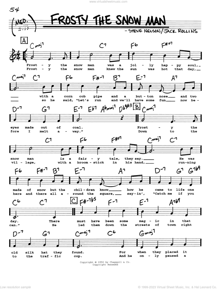 Frosty The Snow Man sheet music for voice and other instruments (real book with lyrics) by Steve Nelson and Jack Rollins, intermediate skill level