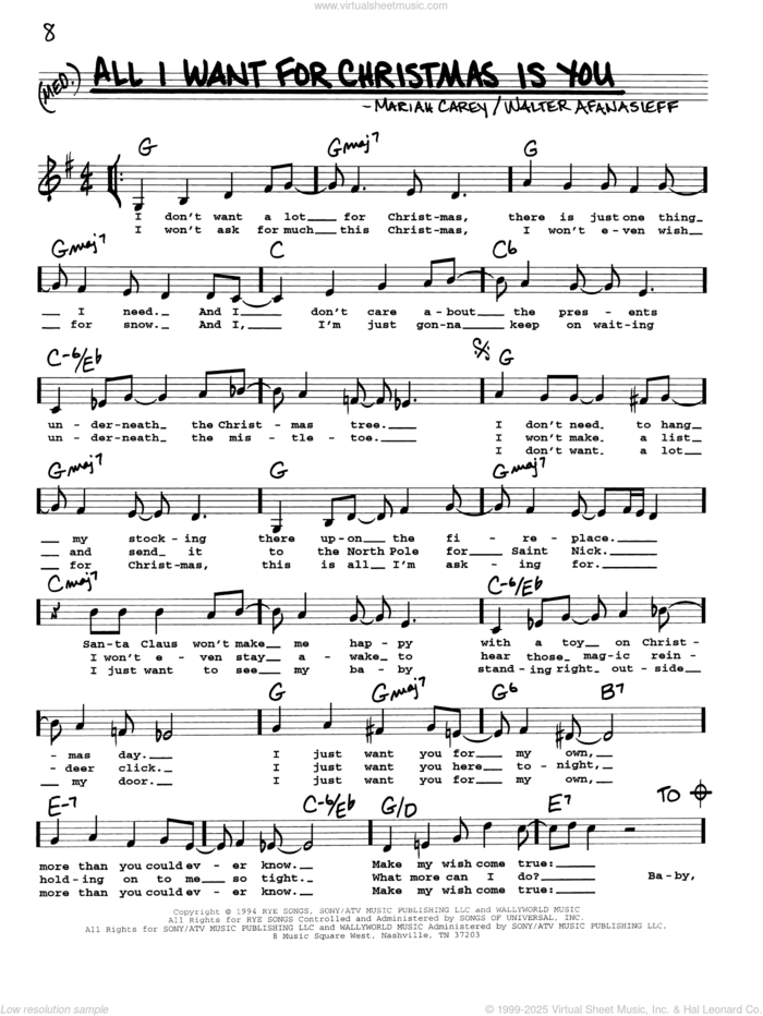 All I Want For Christmas Is You sheet music for voice and other instruments (real book with lyrics) by Mariah Carey and Walter Afanasieff, intermediate skill level