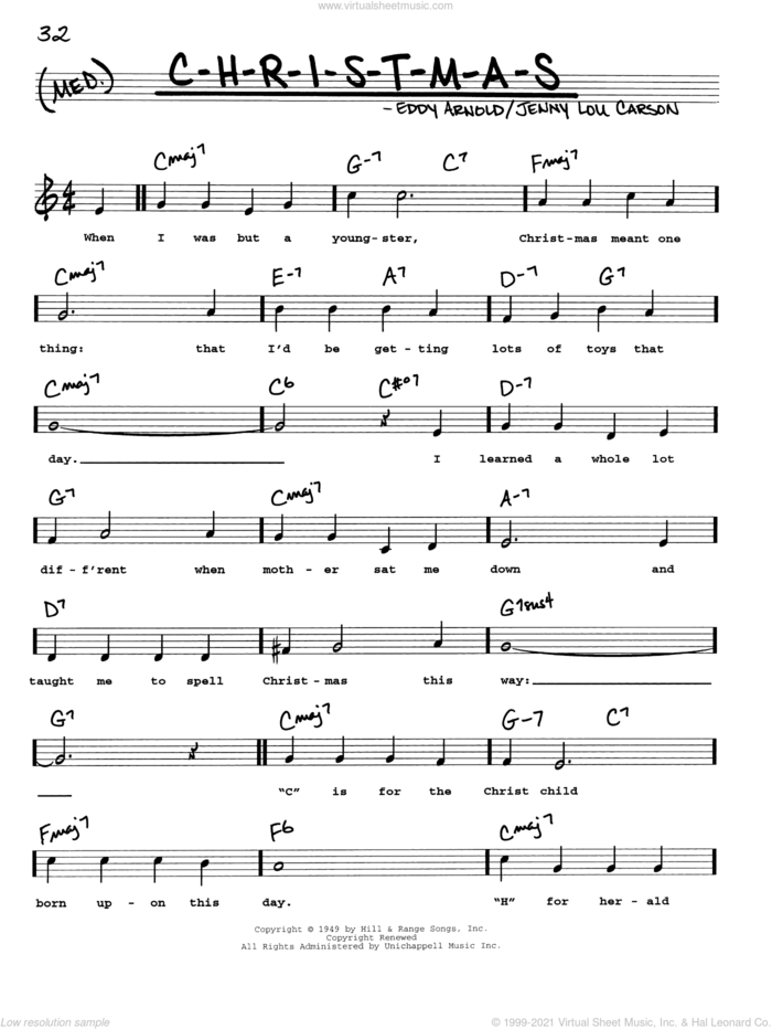 C-H-R-I-S-T-M-A-S sheet music for voice and other instruments (real book with lyrics) by Eddy Arnold and Jenny Lou Carson, intermediate skill level