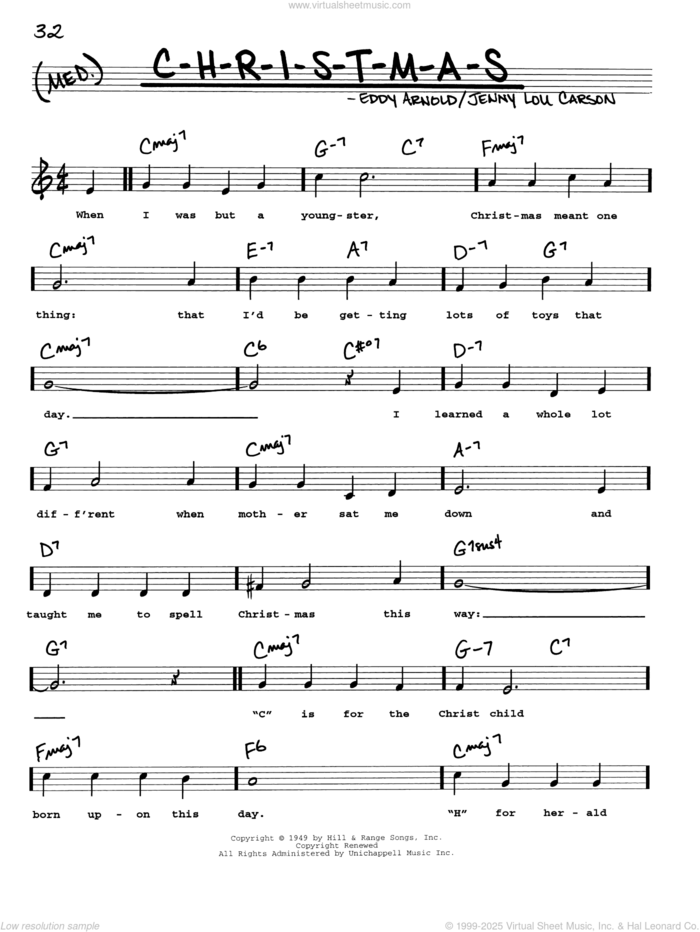 C-H-R-I-S-T-M-A-S sheet music for voice and other instruments (real book with lyrics) by Eddy Arnold and Jenny Lou Carson, intermediate skill level