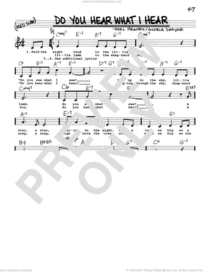 Do You Hear What I Hear sheet music for voice and other instruments (real book with lyrics) by Gloria Shayne and Noel Regney, intermediate skill level
