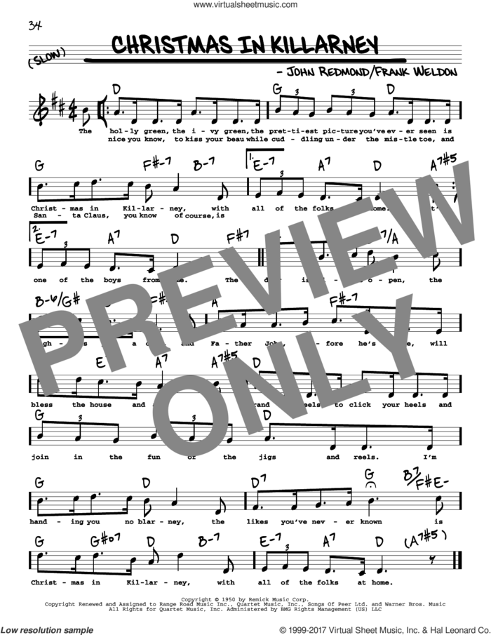 Christmas In Killarney sheet music for voice and other instruments (real book with lyrics) by John Redmond and Frank Weldon, intermediate skill level